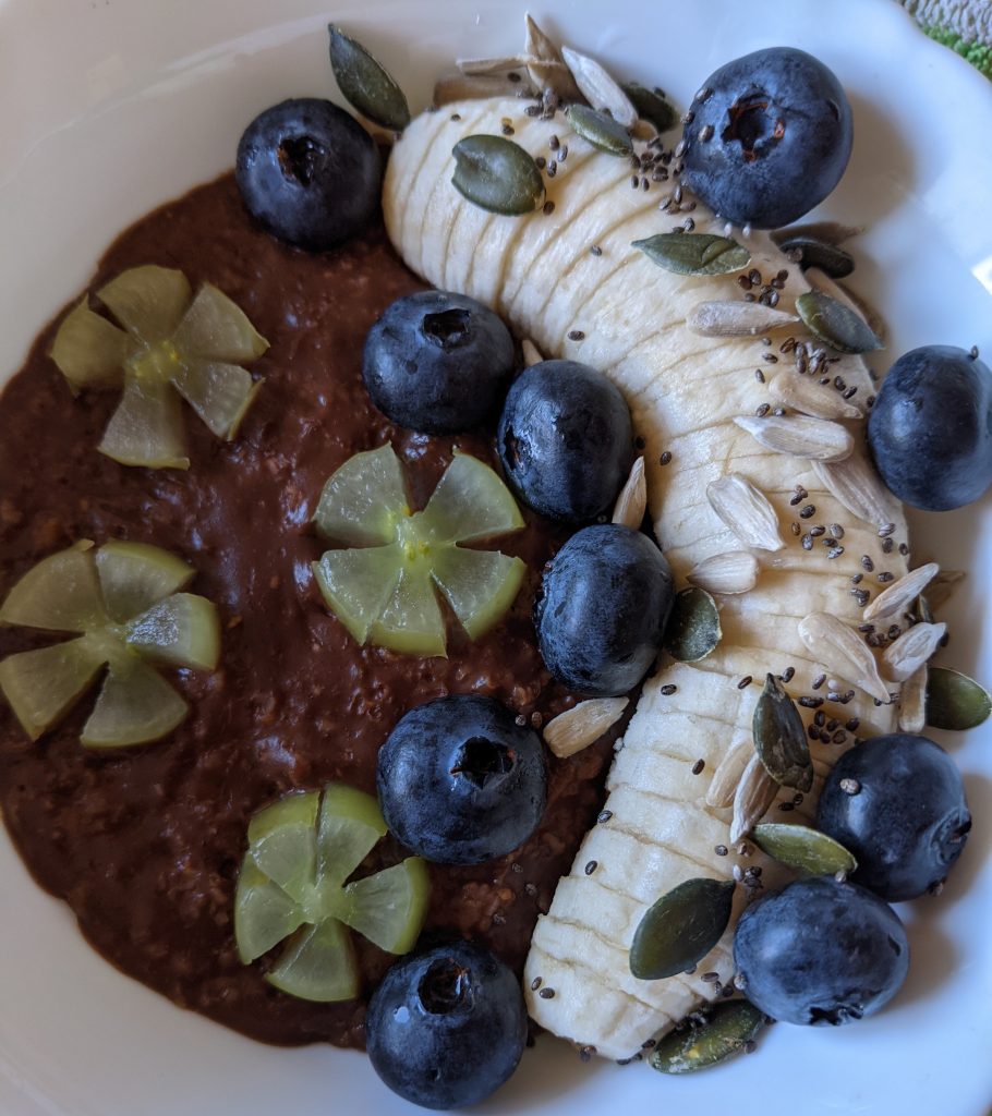 Chocolate-Chai-Oats-Breakfast-with-Blueberry-Banana-Grapes-Chia-Seeds-Sunflower-Seeds-Pumpkin-Seeds-and-Honey-healthy-breakfast-recipes-oatmeal-oats-breakfast