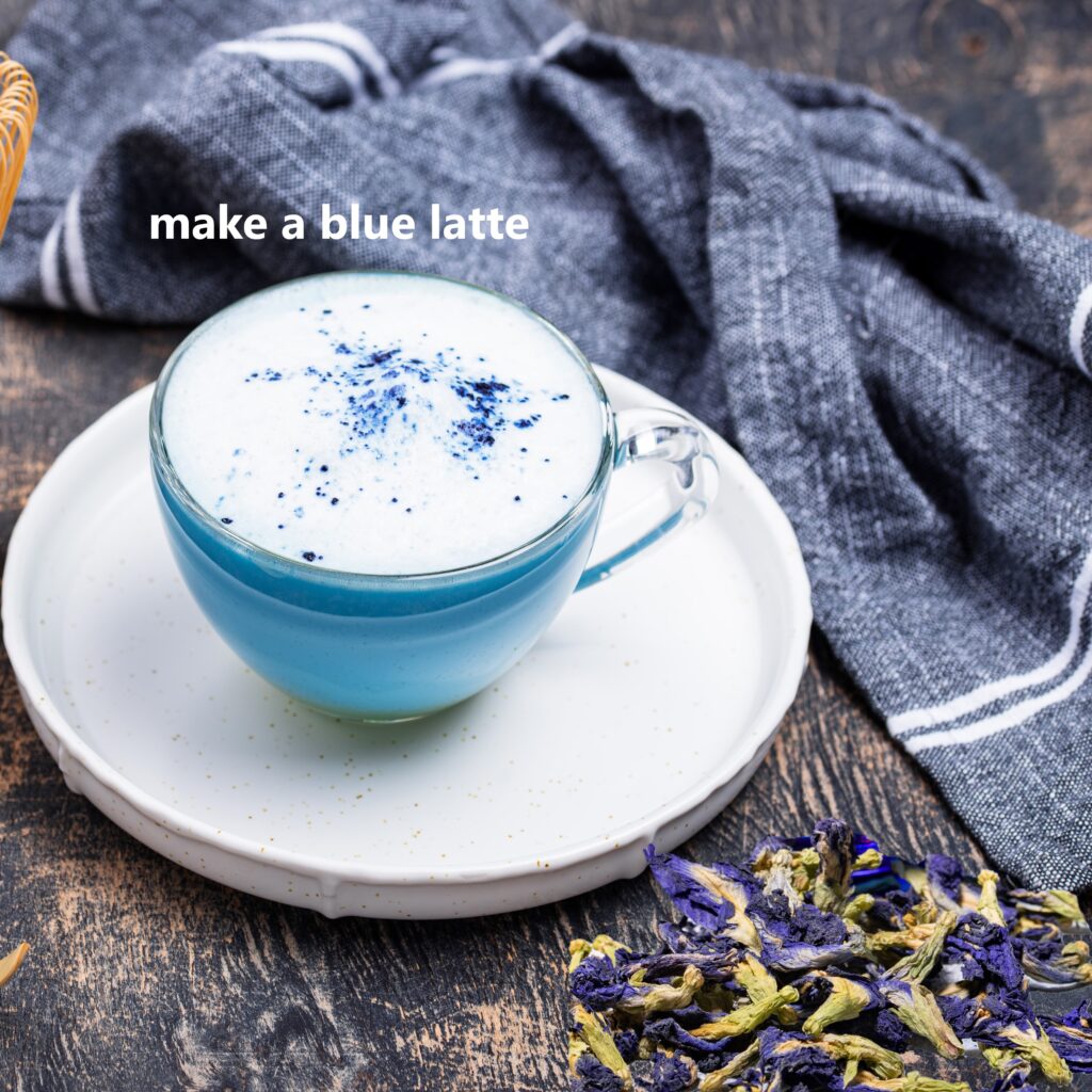 blue latte with butterfly pea flowers