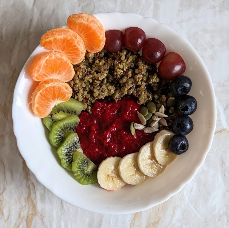 Ginger Beetroot Porridge with Moringa Quinoa and Fruits / Sunflower Seeds / Pumpkin Seeds – Healthy Rainbow Breakfast Recipes with Blue Butterfly Pea Flower Tea