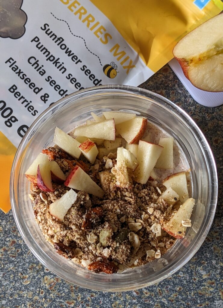 apple crumble overnight oats with mixed seeds for eating