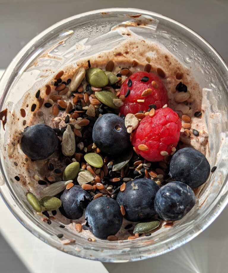 Chocolate Raspberry Overnight Oats with Omega Mixed Seeds for Eating