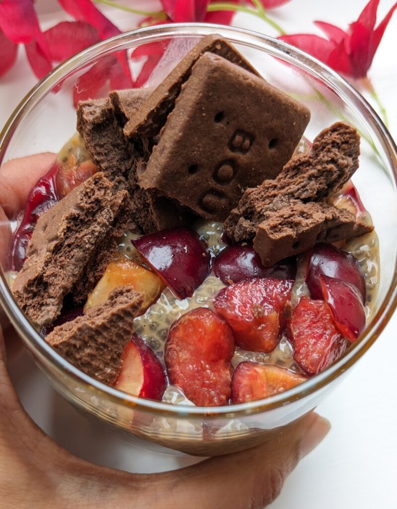 masala chai chia pudding with cherries